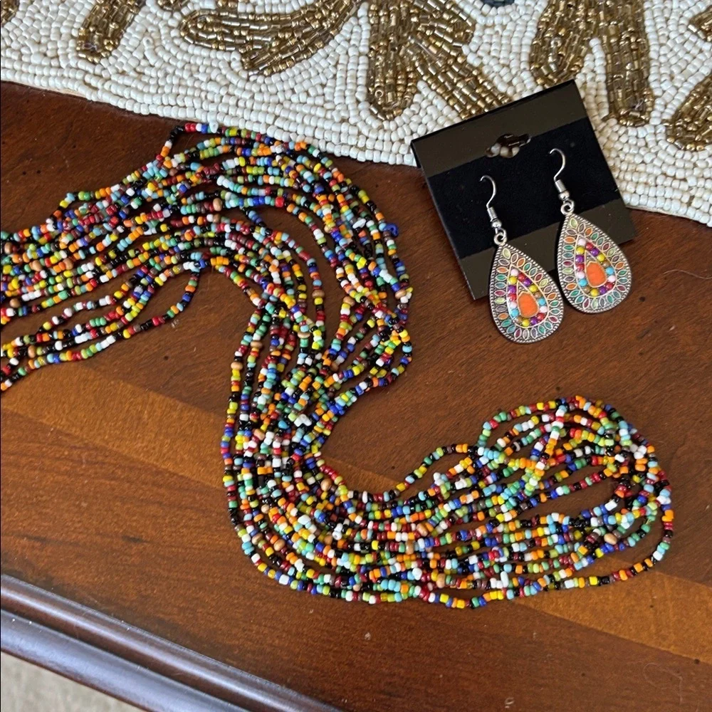 Vintage Seed Beaded Multi-Strand Long Wood Bead Colorful & Teardrop Earrings
